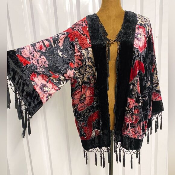 Whimsigoth Burnout Velvet Bohemian Kimono Duster Coverup Shawl:Tassels Fringe - Picture 1 of 7